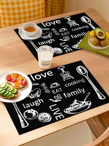 1pc PVC Place Mat, Modernist Food & Letter Graphic Waterproof Oil-proof Table Mat For Dining Table - Black and White - View 5