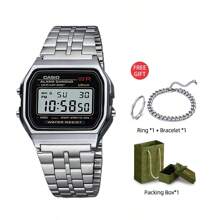 Casio 复古 A159W-N1 黑色数字表盘银色不锈钢表带 - 銀色 - 查看 1