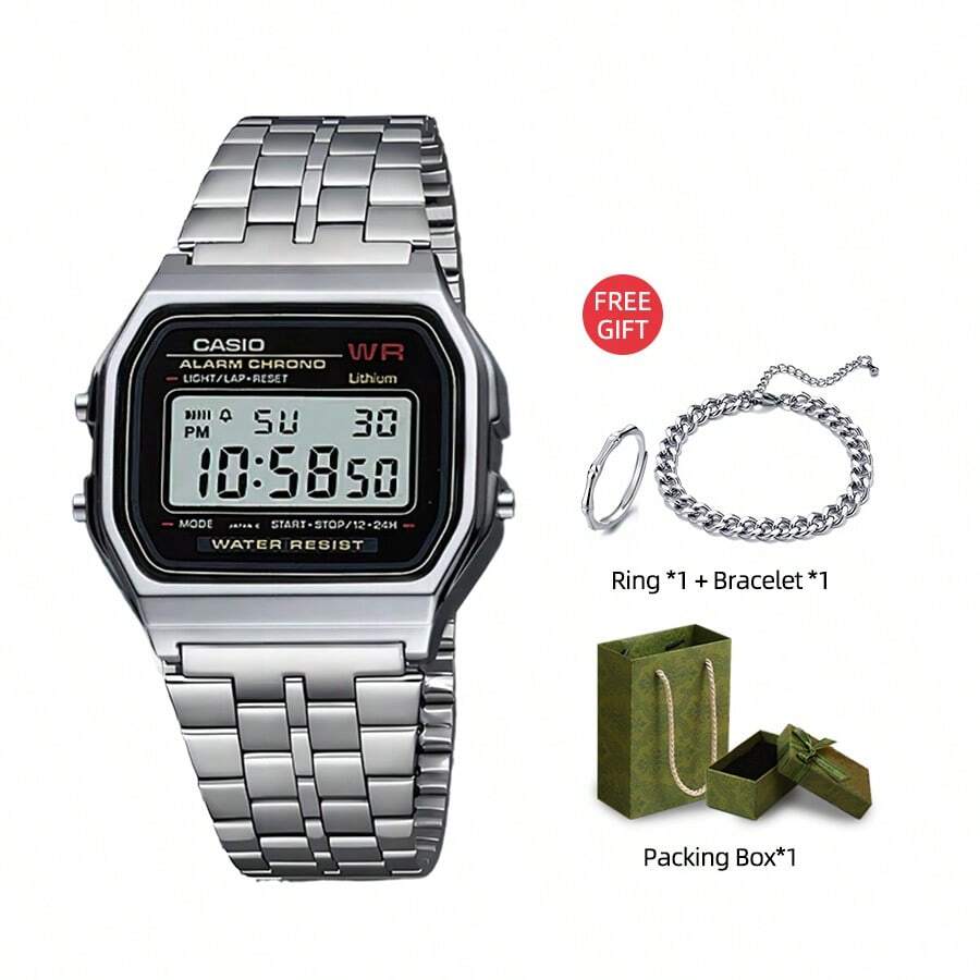 Casio 复古 A159W-N1 黑色数字表盘银色不锈钢表带 - 銀色 - 查看 1