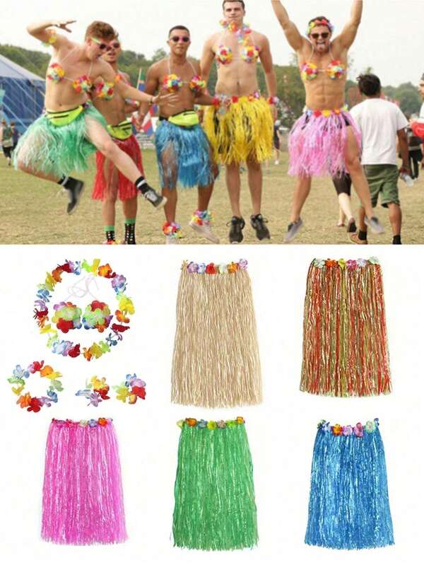 6Pcs/Set Hawaii Garland Necklace Set, Hawaiian Tropical Party Straw Skirt Set, Tropical Hibiscus Flowers For Summer Pool Parties And Hawaii Theme Parties, Summer Decor, Party Decor, And Supplies, Holiday Wedding Beach Birthday Decorations, Hawaiian Leis Party Supplies