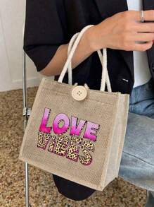 Love Themed Leopard Print Handbag, Love Vibes Letter Pattern, Reusable Printed Women's Handbag, Double Handle Shopping Backpack, Large Capacity Shoulder Bag, Casual Handbag, Christmas Storage Bag, Suitable For Commuting, School And Shopping, Convenient For Outdoor Use, Perfect For Gifting To Friends And Family, Teachers, Holidays And Festivals, Valentine's Day Gift