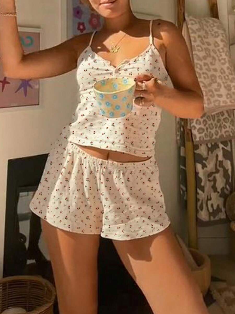Women Y2k Pajamas Sets Floral Spaghetti Strap Crop Tank Tops + Sleep Shorts Lounge Sets 2 Piece Lace Trim Sleepwear Suit Sleeveless Camisole Tops Lingerie Sets Pjs Matching Outfits Summer Beachwear Homewear - 彩色 - 查看 1