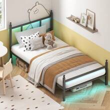 Twin Bed Frame With Charging Station, Metal Bed Frame With Port And Outlet, Black - Black - View 8