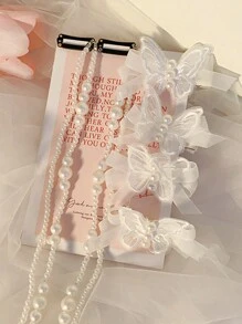 6 件/套女孩蝴蝶发夹公主丝带编织发饰珍珠发带 - 白色 - 查看 6