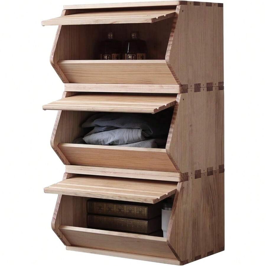 Stackable Solid Wood Storage Chests,Hall Entryway Cabinet,Modular Wooden Toy Box,Bins With Lids,Closet Storage Organizers,Drawers,Potato,Onion,Bread,Classify By Items,19.5"W(3 Pack) - màu nâu - Xem 1