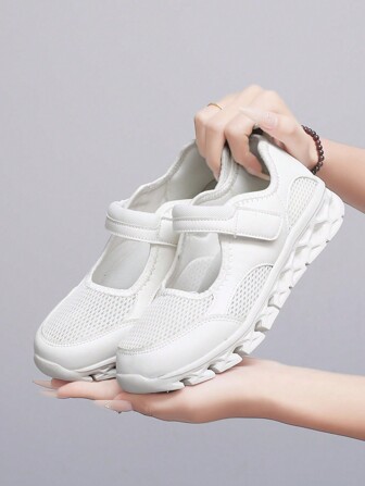 女士低帮平底鞋，2025新款透气网面皮革拼接休闲鞋，轻便舞蹈鞋，护士鞋，妈妈鞋，软底防滑厚底运动鞋，春夏秋季