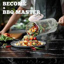 1pc Nesting Grill Basket, Removable Wooden Handle, 304 Stainless Steel, Rolling Grilling Net, BBQ Accessories Tools For Vegetables Shrimp, Outdoor Cooking Camping, Gifts For Men Dad Husband