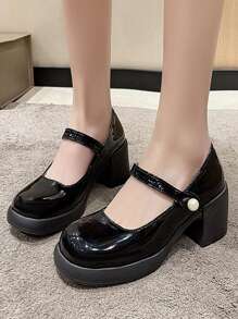 Women's Low Vamp Fashion Versatile Shoes, Breathable Mary Jane Shoes, Chunky Heel Small Leather Shoes, Round Toe Single Strap Retro Style Square Toe Shoes