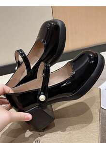 Women's Low Vamp Fashion Versatile Shoes, Breathable Mary Jane Shoes, Chunky Heel Small Leather Shoes, Round Toe Single Strap Retro Style Square Toe Shoes