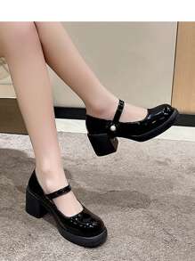 Women's Low Vamp Fashion Versatile Shoes, Breathable Mary Jane Shoes, Chunky Heel Small Leather Shoes, Round Toe Single Strap Retro Style Square Toe Shoes