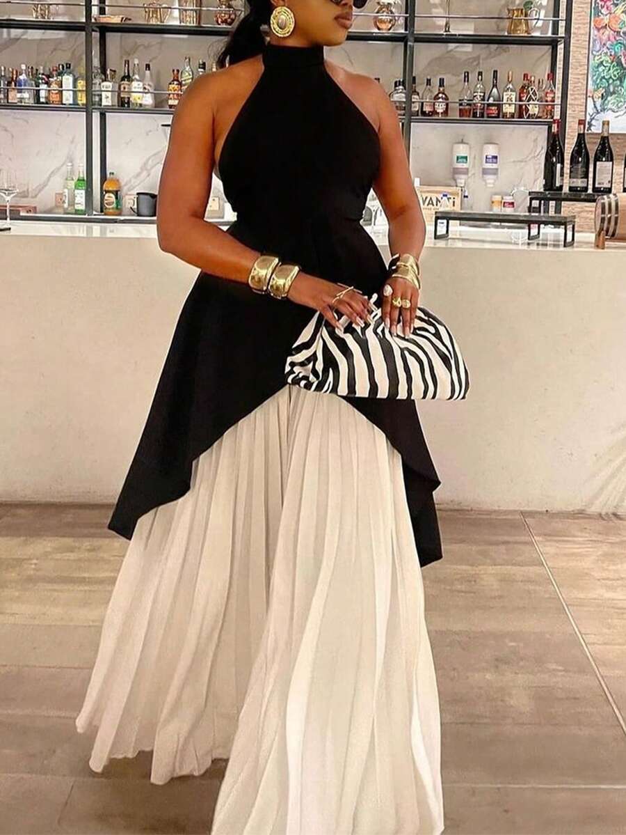 Bộ đồ dự tiệc thanh lịch cổ yếm hở lưng và quần ống rộng xếp ly rộng rãi nhiều màu cho nữ - Đen và trắng - Xem 1