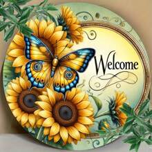 1 件鲜艳的橙色有翼蝴蝶，带有复杂的蓝色图案 - 8 英寸圆形金属墙面艺术牌匾，适用于家居装饰、酒吧、咖啡厅、俱乐部、宿舍 - 理想的礼物，完美的房间装饰，随机孔位置 - 彩色 - 查看 8