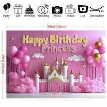 1pc Elegant Princess Theme Photography Backdrop, Polyester Pink Castle Fairy Tale Background Cloth, Professional Photography Prop, Suitable For Birthday, Fantasy Parties And Dreamlike Celebrations - Black - View 2