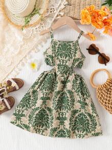 Young Girls' Tropical Print Hollow Out Waist Vacation Sleeveless Hollow Dress, Summer - Army Green - View 1
