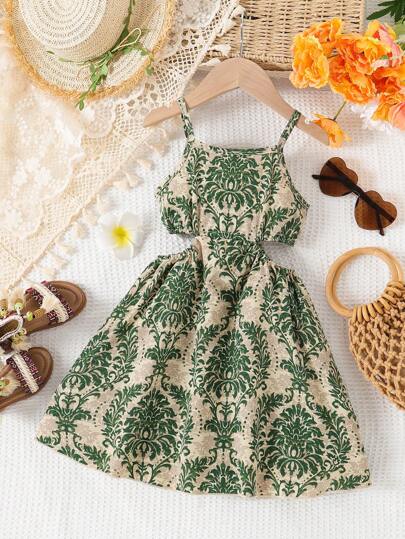 Young Girls' Vacation Style Spaghetti Strap Hollow Out Dress