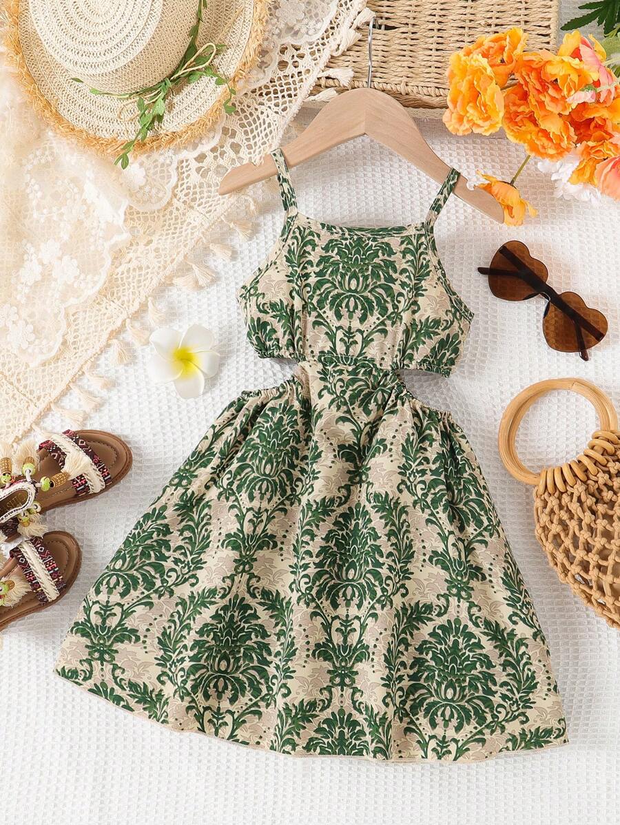 Young Girls' Tropical Print Hollow Out Waist Vacation Sleeveless Hollow Dress, Summer - Army Green - View 1