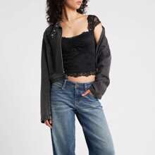 Women Summer Lace Tops Cap Sleeve Square Neck Slim Fit Crop Top T-Shirt - màu đen - Xem 4