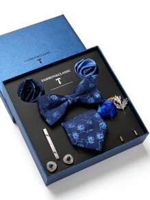 AlanKing 1 套金色花朵领带、手帕、袖扣、胸花男士正装西装适合婚礼、商务、情人节礼物男士领带