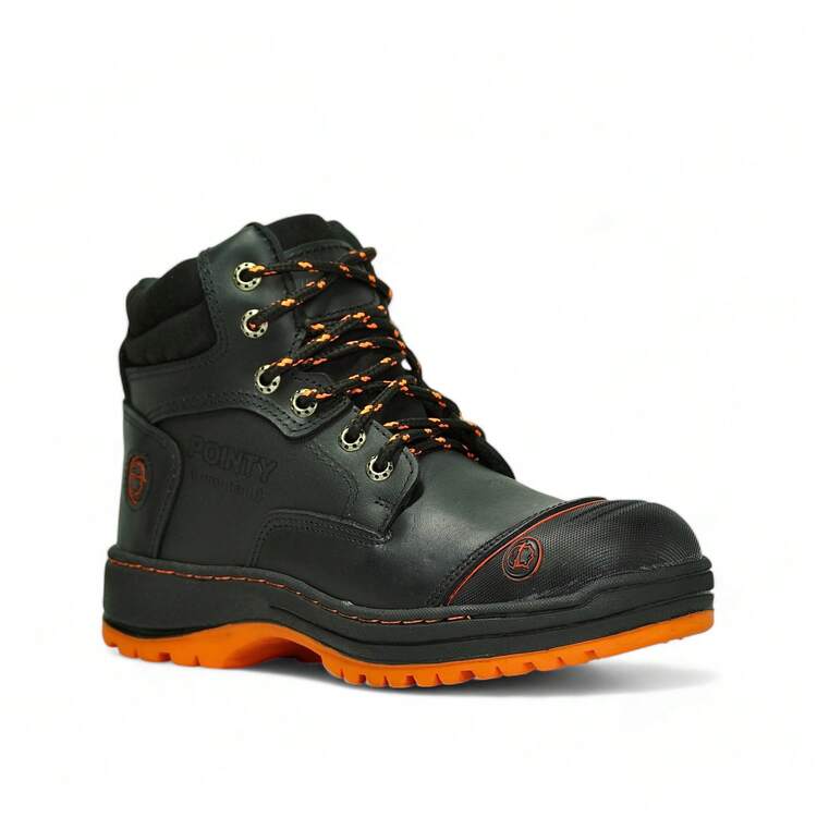 Low Lace Work Shoe, Steel Toe Cap Protection, 100% Black Orange Leather, With Comfortable Insole, Welt Stitching, Black Orange Rubber Sole, Resistant, Poitny A20 Black Orange Helmet - 棕色 - 查看 4