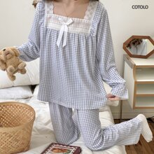 COTOLO Conjunto de Pijama de Mujer con Encaje Cuello Cuadrado Moño Estilo Holgado a Cuadros Multicolor y Dulce para el Hogar Conjunto de Pijama de Mujer,pijamas de mujer,pijama,pans de mujer,pijamas - Azul y blanco - Ver 5