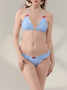 The Women's Summer Bikini Set Features A Top With A Lace Up Collar, Tie Up, Bottom Collar, Backless, And Belly Button Design. Lightweight And Soft, Skin Friendly And Breathable. Suitable For Swimming, Surfing, Beach, Tropical, Honeymoon, Sports, Vacation, Pool Parties, Etc. - 藍色 - 查看 6