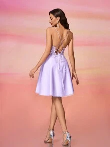 女士纯色网眼露背无袖连衣裙，简约时尚，派对礼服，婚礼宾客礼服，正式礼服，晚礼服