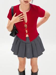 Women Short Sleeve Knit Tops Solid Color Plunging V-Neck Open Front Buckles Casual T-Shirts Summer Slim Fit Shirts Streetwear - Red - View 2