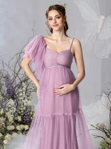 Faeriesty Dressalisa Maternity Asymmetric Ruffled Sleeves Mesh Photography Dress - Dusty Pink - View 6