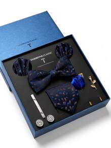 AlanKing 1 套金色花朵领带、手帕、袖扣、胸花男士正装西装适合婚礼、商务、情人节礼物男士领带