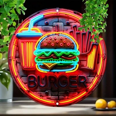 1 pieza Letrero de neón de hamburguesa vintage de metal, decoración de pared redonda de metal 2D, arte falso 3D multifuncional, adecuado para el hogar, bar, cafetería, jardín, decoración de fiestas y Halloween, 20 cm de diámetro con orificio como se muestra en la tabla de tamaños
