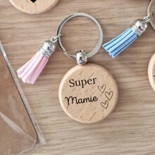 Personalized Wooden Tassel Keychain With Pompom, Custom Engraved Key Ring, Ideal Gift For Baptism, Birthday, Wedding & Bachelorette Party - Multicolor - View 2