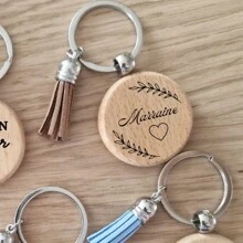 Personalized Wooden Tassel Keychain With Pompom, Custom Engraved Key Ring, Ideal Gift For Baptism, Birthday, Wedding & Bachelorette Party - Multicolor - View 3