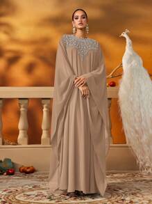 AmazingHoney Elegant Blue Chiffon Kaftan With Silver Embellishments And Long Sleeves, Abaya Dress, Party Abaya, Formal Gown (Oversized Fit– Please Check Size Chart),Modest - Khaki - View 6