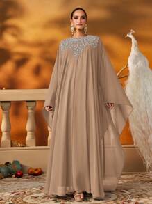 AmazingHoney Elegant Blue Chiffon Kaftan With Silver Embellishments And Long Sleeves, Abaya Dress, Party Abaya, Formal Gown (Oversized Fit– Please Check Size Chart),Modest - Khaki - View 5