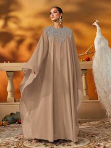 AmazingHoney Elegant Blue Chiffon Kaftan With Silver Embellishments And Long Sleeves, Abaya Dress, Party Abaya, Formal Gown (Oversized Fit– Please Check Size Chart),Modest - Khaki - View 11