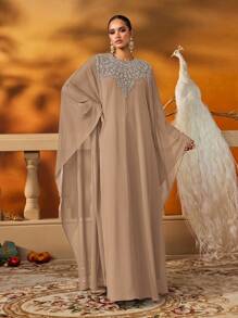 AmazingHoney Elegant Blue Chiffon Kaftan With Silver Embellishments And Long Sleeves, Abaya Dress, Party Abaya, Formal Gown (Oversized Fit– Please Check Size Chart),Modest - Khaki - View 9
