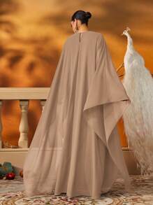 AmazingHoney Elegant Blue Chiffon Kaftan With Silver Embellishments And Long Sleeves, Abaya Dress, Party Abaya, Formal Gown (Oversized Fit– Please Check Size Chart),Modest - Khaki - View 3