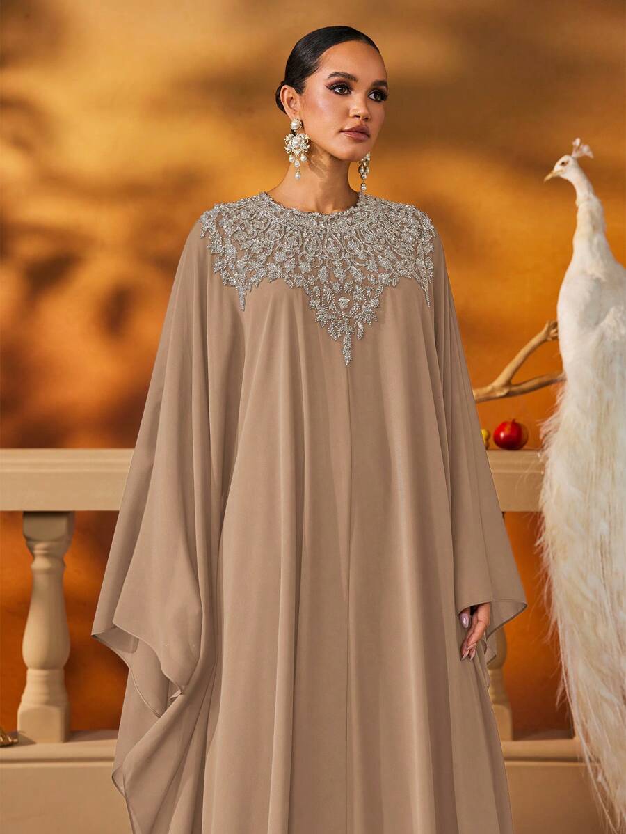 AmazingHoney Elegant Blue Chiffon Kaftan With Silver Embellishments And Long Sleeves, Abaya Dress, Party Abaya, Formal Gown (Oversized Fit– Please Check Size Chart),Modest
