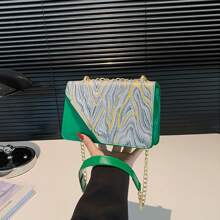 Fashionable Shoulder Bag With Contrasting Color Stitching And Water Wave Chain, Versatile Shoulder Bag - 綠色 - 查看 1