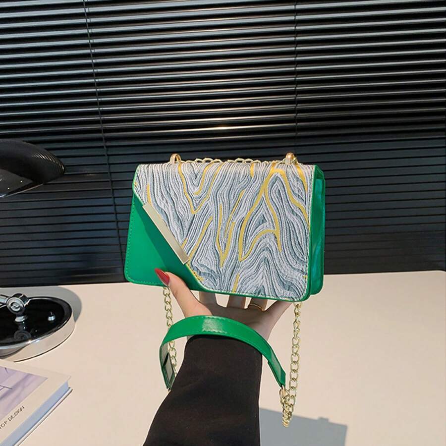Fashionable Shoulder Bag With Contrasting Color Stitching And Water Wave Chain, Versatile Shoulder Bag - 綠色 - 查看 1