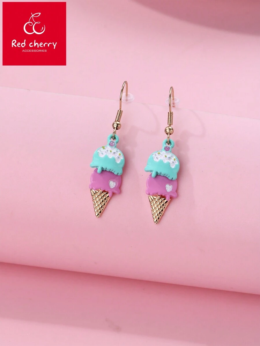 2pcs Per Card Colorful Zinc Alloy Ice Cream & Fish Design Earrings For Girls, Cute Daily Casual Jewelry - Multicolor - View 1
