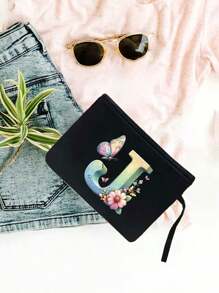Color Gradient Butterfly Flower Letter A-Z Pattern Tote And Cosmetic Bag Set, Casual Style, Fabric Structure - Black - View 48