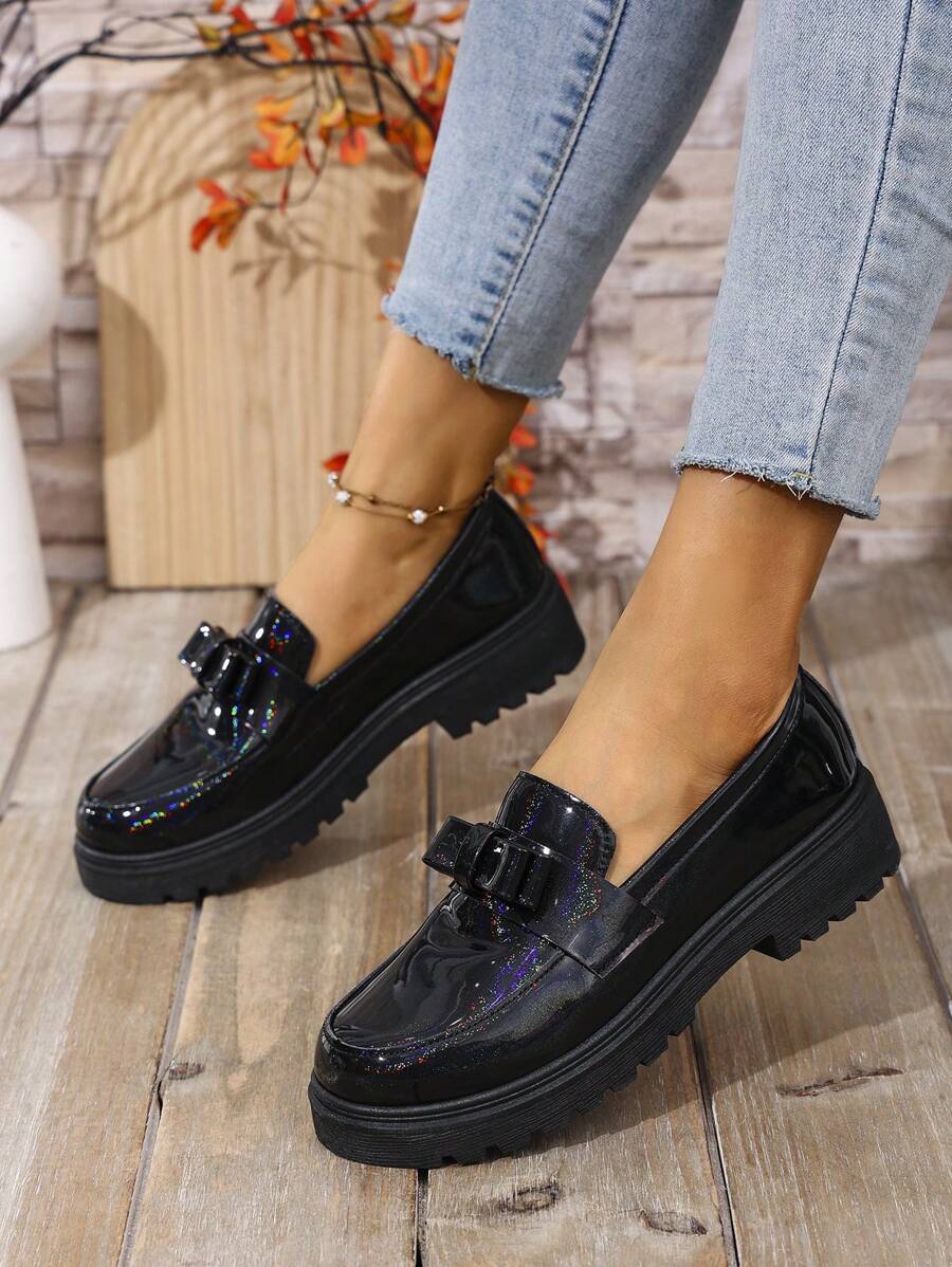 Women's Spring/Autumn New Metal Chain Thick Bottom Wedge Slip-On Casual High Heel Shoes, Versatile & Height Increasing