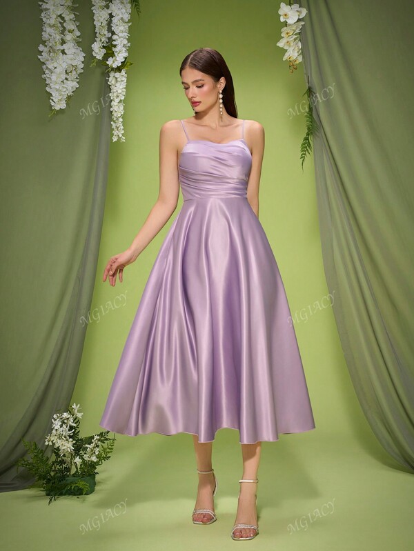 Mgiacy New Arrival Tank Sweet Bridesmaid Dress Ruched Waist Strap A-Line Dress