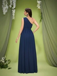 Vestido de dama de honor de un solo hombro azul oscuro Mgiacy de nueva llegada, vestido largo de gasa con fruncidos