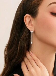 1 Pair S925 Sterling Silver Star Tassel Earrings For Women, Minimalist Elegant Style Dangle Earline, Fashionable Versatile Jewelry Gift - Star - View 7