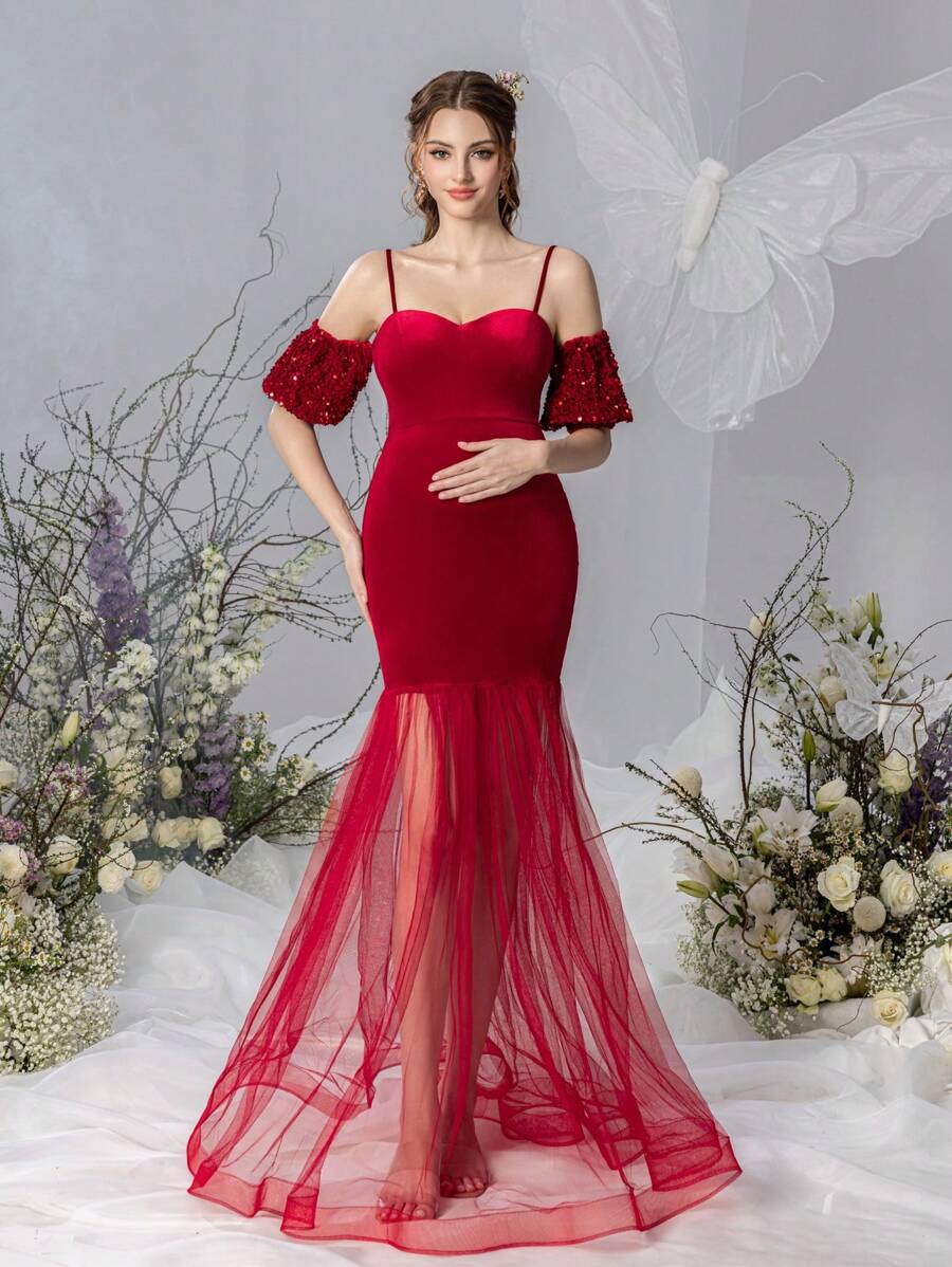Faeriesty Dressalisa Maternity Puff Sleeve Velvet Cami Prom Party Dress