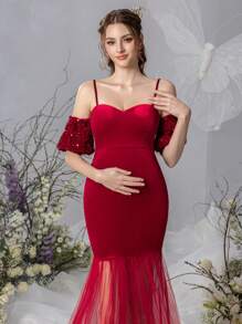 Faeriesty Dressalisa Maternity Puff Sleeve Velvet Cami Prom Party Dress - Red - View 6