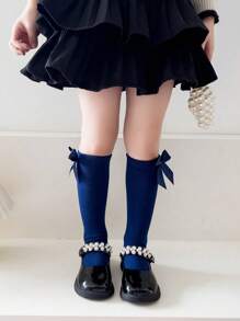 1 双可爱蝴蝶结装饰荷叶边女童及膝袜，舒适透气长袜，适合女婴配饰