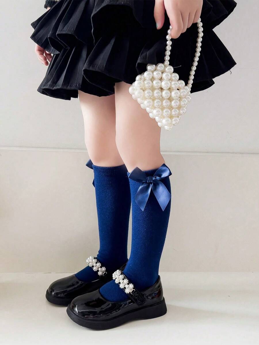 1 双可爱蝴蝶结装饰荷叶边女童及膝袜，舒适透气长袜，适合女婴配饰